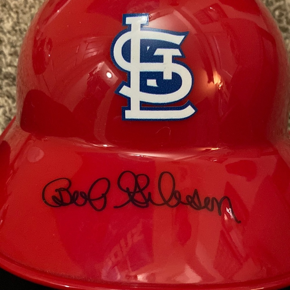 Full size St. Louis Cardinals Bob Gibson autographed helmet